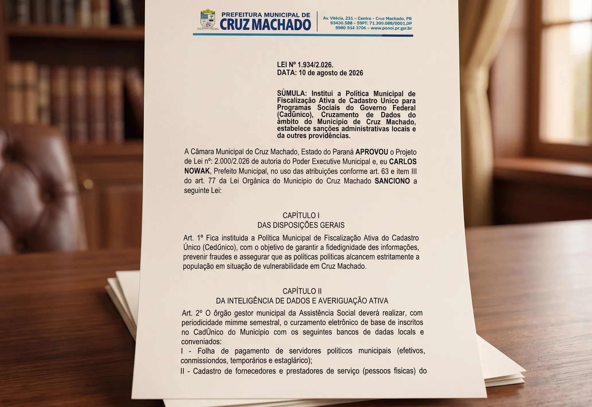 Cruz Machado lança Lei de Inteligência contra Fraudes no CadÚnico com 